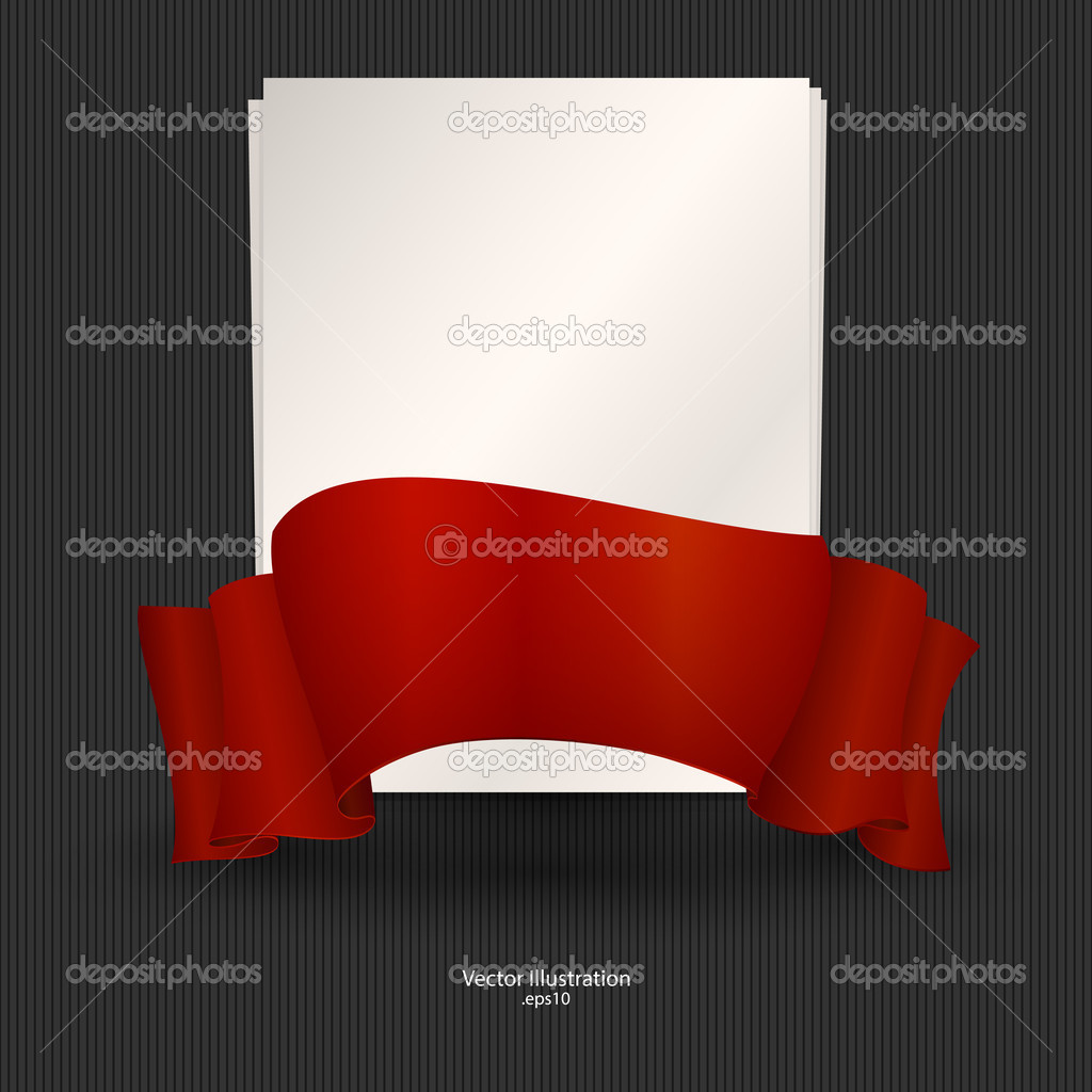 A sheet of paper with red ribbon. Vector illustration.
