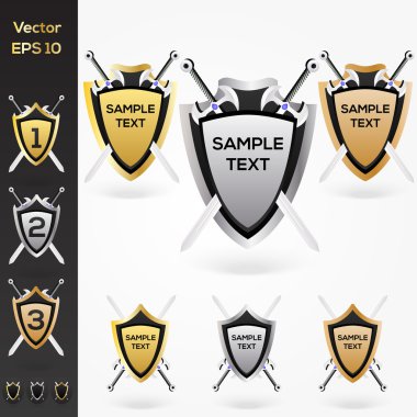 Set of golden, silver, bronze shield and swords clipart