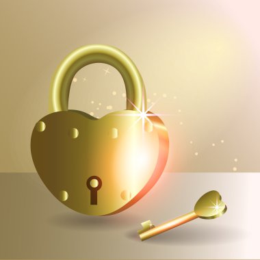 Heart and love - golden lock and a key
