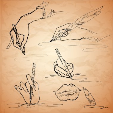 Vector illustrations of an hand writing with a feather pen, lips, lipstick clipart