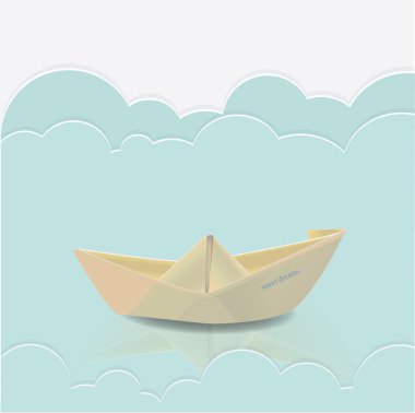 Vector paper boat in blue waves of paper sea clipart