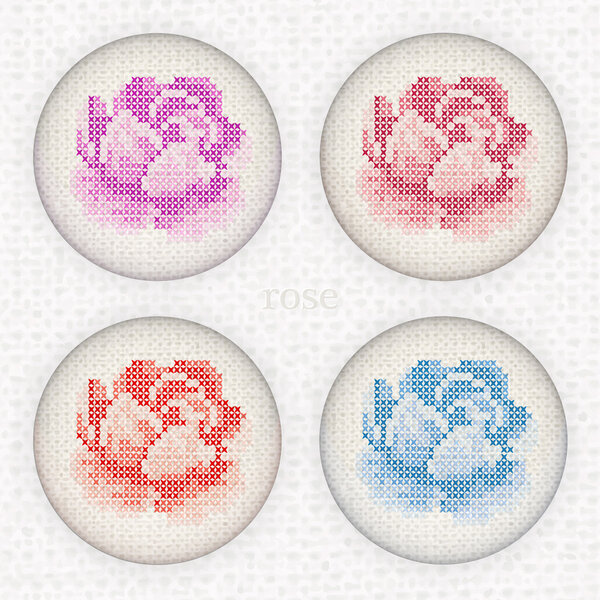 Vector set of buttons with embroidery roses. Cross-stitch.