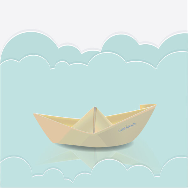 Векторная бумажная лодка в синих волнах бумажного моря
