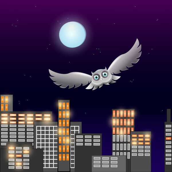 Векторная иллюстрация полёта совы в ночном небе с луной
