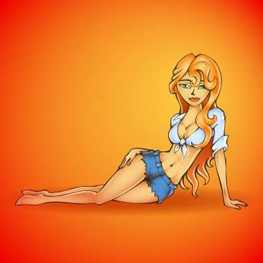 Beautiful girl in jeans shorts sitting on orange background. Vector clipart