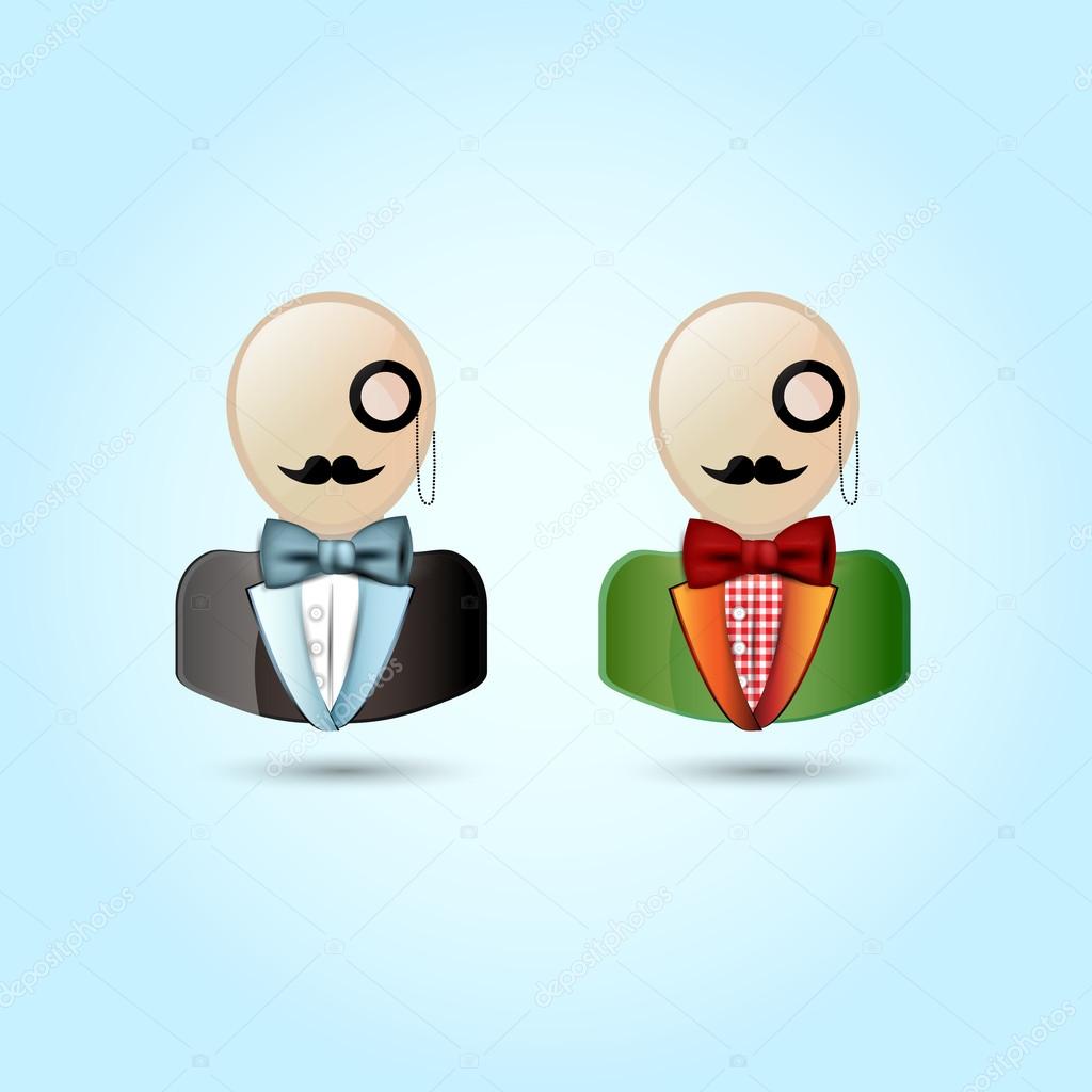 Faces with mustaches, monocle, suits, and a bow tie - vector illustration.