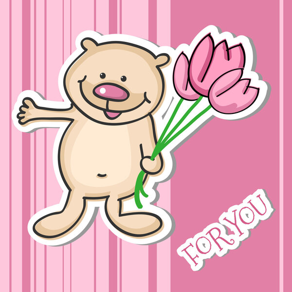 Cute little Teddy bear with a bouquet of flowers, vector illustration
