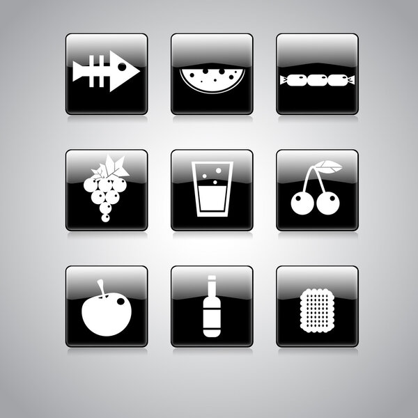 Food Icon on Square Black and White Button Collection Vector Illustration