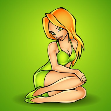 Vector illustration of sitting sexy lady wearing in green dress clipart