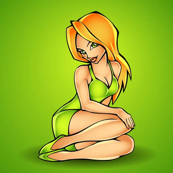 Vector Illustration Sitting Sexy Lady Wearing Green Dress — Stock Vector