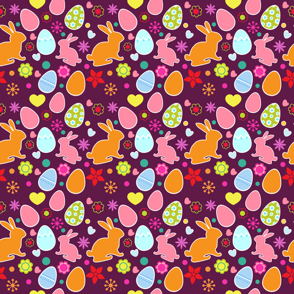 A seamless pattern with Easter eggs, flowers and bunnies