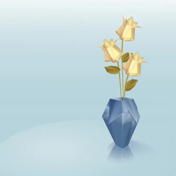 Florero Origami Azul Con Rosas Amarillas — Vector de stock