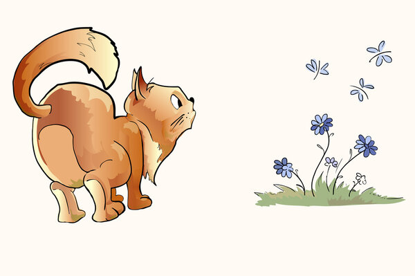 Surprised cat looking at butterflies. Vector illustration.