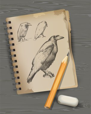 Drawing of raven, pencil, eraser. clipart