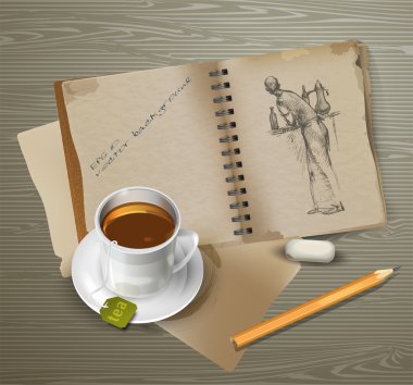 Drawing, cup of tea, pencil with eraser. clipart