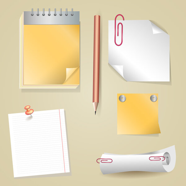 Illustration of pencil, sticker, scroll, notepad