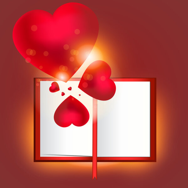 Vector illustration with opened book and hearts.