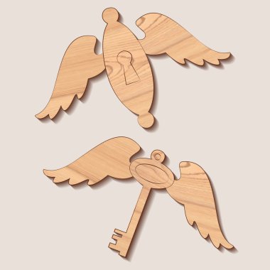 Wooden key and keyhole with wings clipart