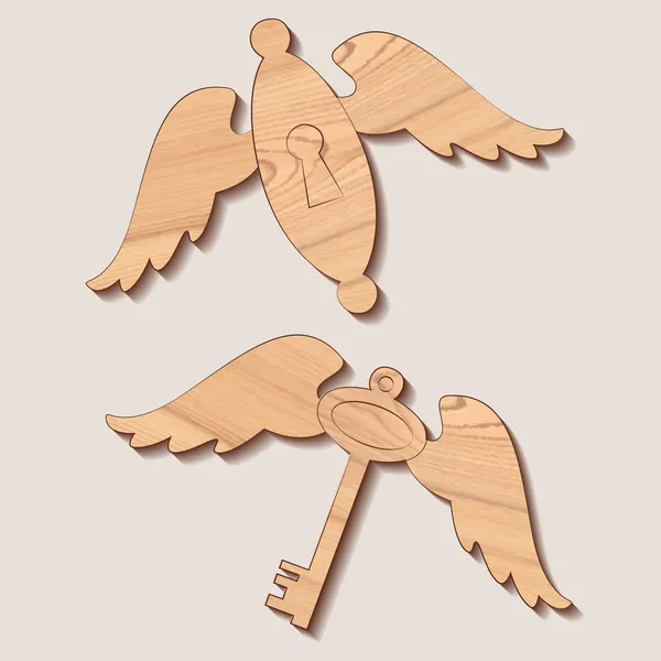 木制钥匙和带翅膀的锁孔 — 图库矢量图片