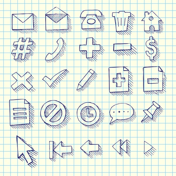 Yarım Yamalak Doodle Web Bilgisayar Icon Set Okul Tarzı Defter — Stok Vektör