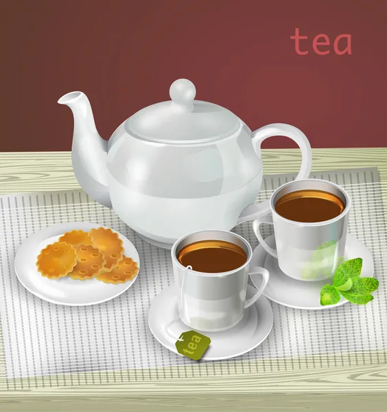 Vektorillustration Von Teekannen Tassen Und Keksen — Stockvektor