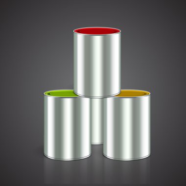 Three buckets of paint: yellow, red, green. Over white. Vector clipart