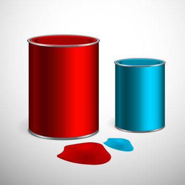 Two buckets of paint: blue, red. Over white. Vector clipart