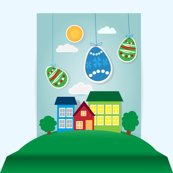 Vector easter scene with paper eggs and house