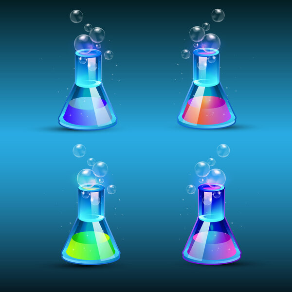 Set of glass flasks with liquid