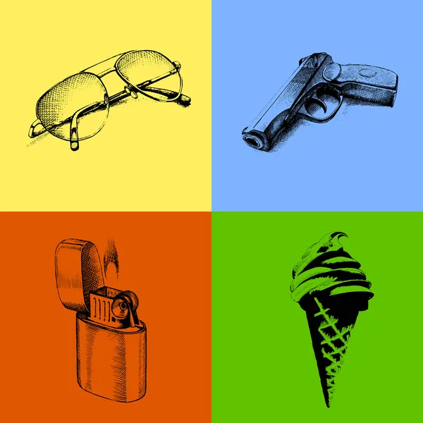 Fond Vectoriel Coloré Avec Des Lunettes Soleil Pistolet Poing Briquet — Image vectorielle