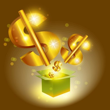 Golden dollar signs jump from box clipart