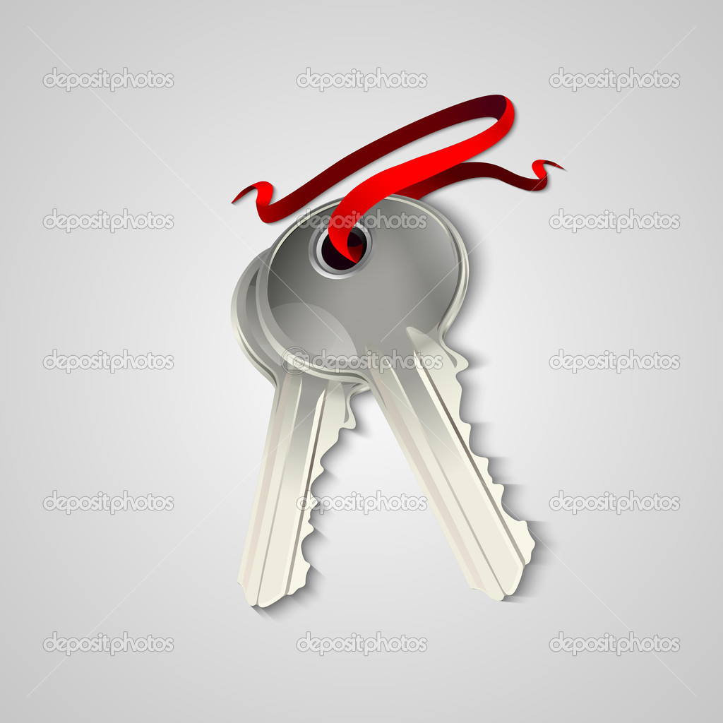 Sheaf of two silver keys with red ribbon. Vector illustration