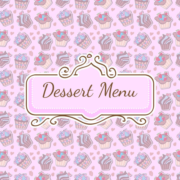 Бесшовный узор с большим количеством различных кексов, дизайн для десертного меню
