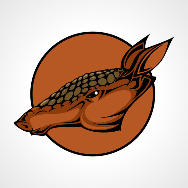 Vector illustration of an armadillo head snapping set inside circle.