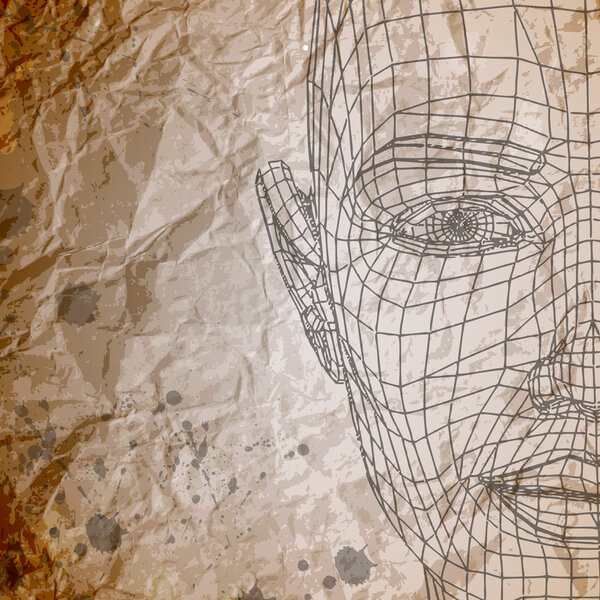 Vector model of face on crumpled paper background