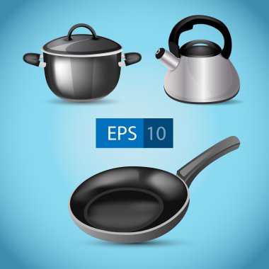 Pot, kettle and frying pan vector clipart