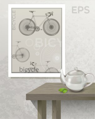 çaydanlık ve bisiklet ile resim içeren tablo