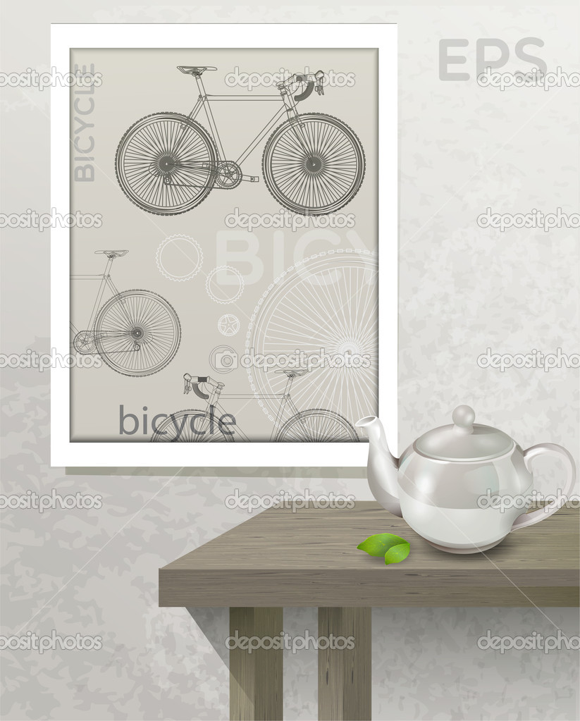 Table with teapot and picture with bicycle