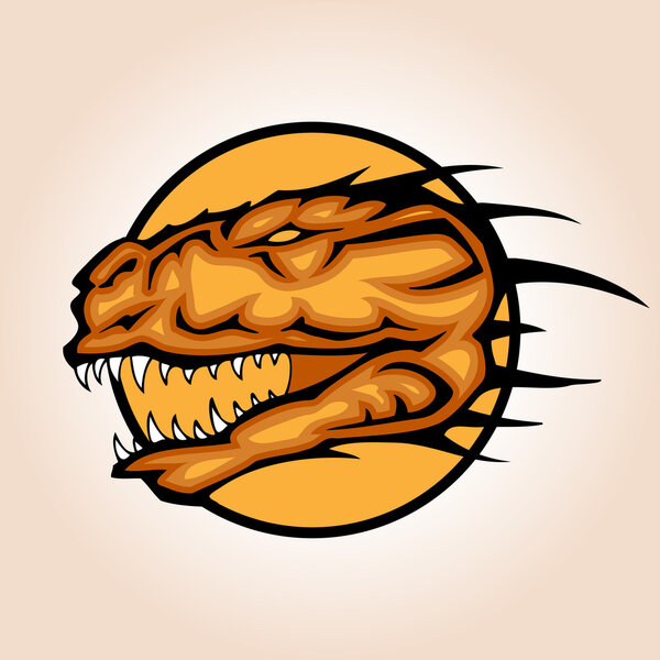 Vector illustration of a dinosaur head snapping set inside circle.