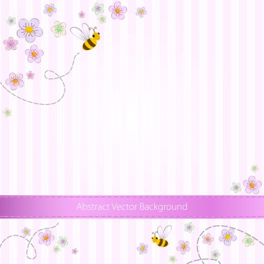 Vector pink striped background with bees and flowers clipart