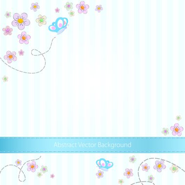 Vector blue striped background with butterflies and flowers clipart