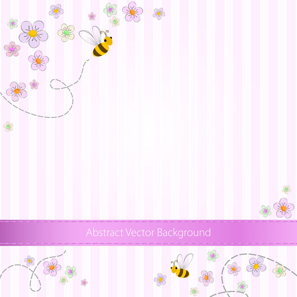 Vector pink striped background with bees and flowers