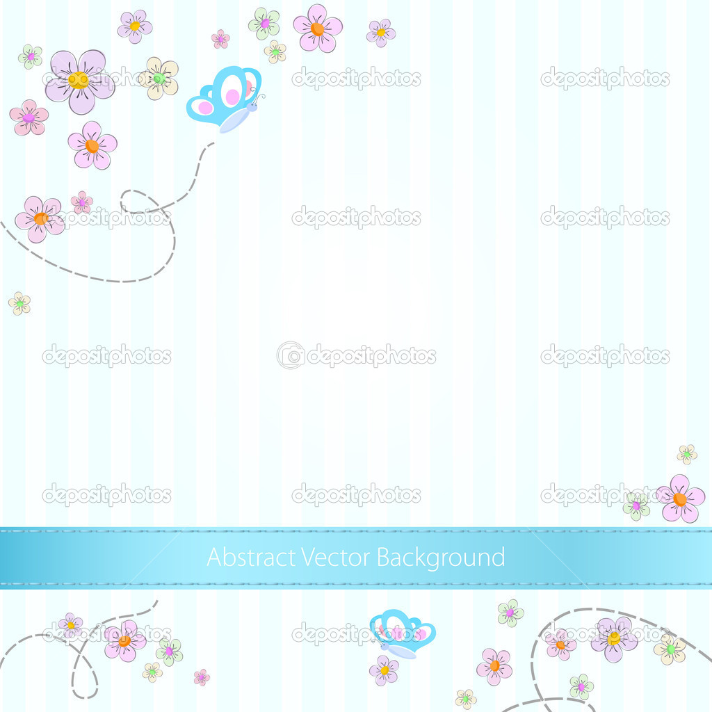 Vector blue striped background with butterflies and flowers