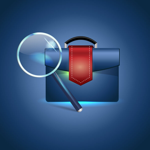 Briefcase and magnifying glass, vector