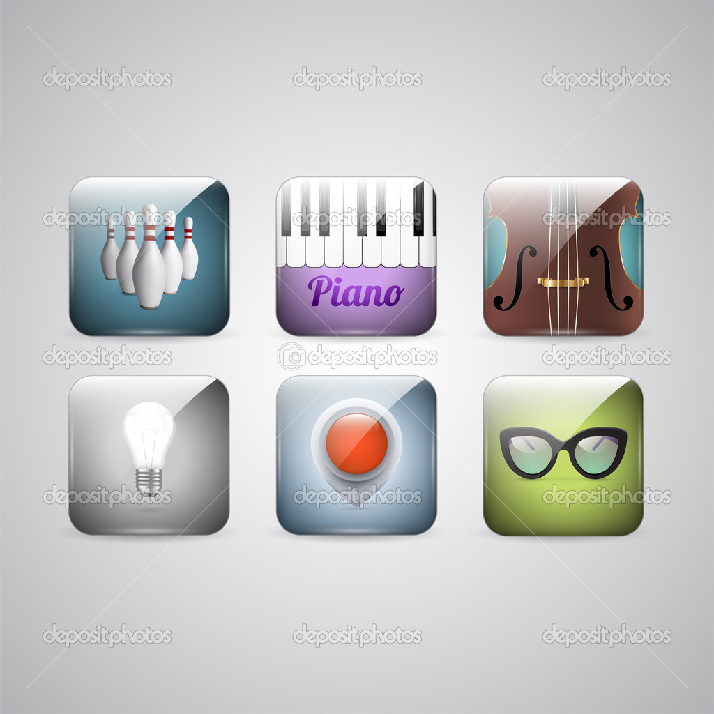 Vector set of icons - cello, piano, bowling, glasses, lamp, navigation icon.