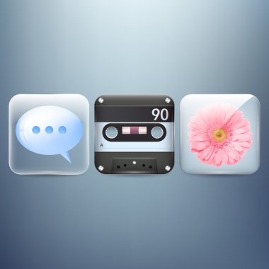 Icons set of flower, speech bubble, cassette clipart