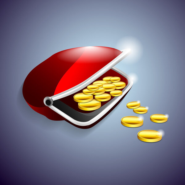 Red purse with gold coins. Vector illustration.