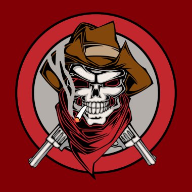Vector illustration human skull in cowboy's hat and two revolvers clipart