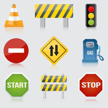 Image of various road and highway signs on a white background. clipart