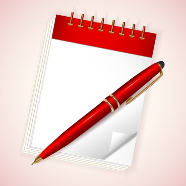 kırmızı defter kalem ile.